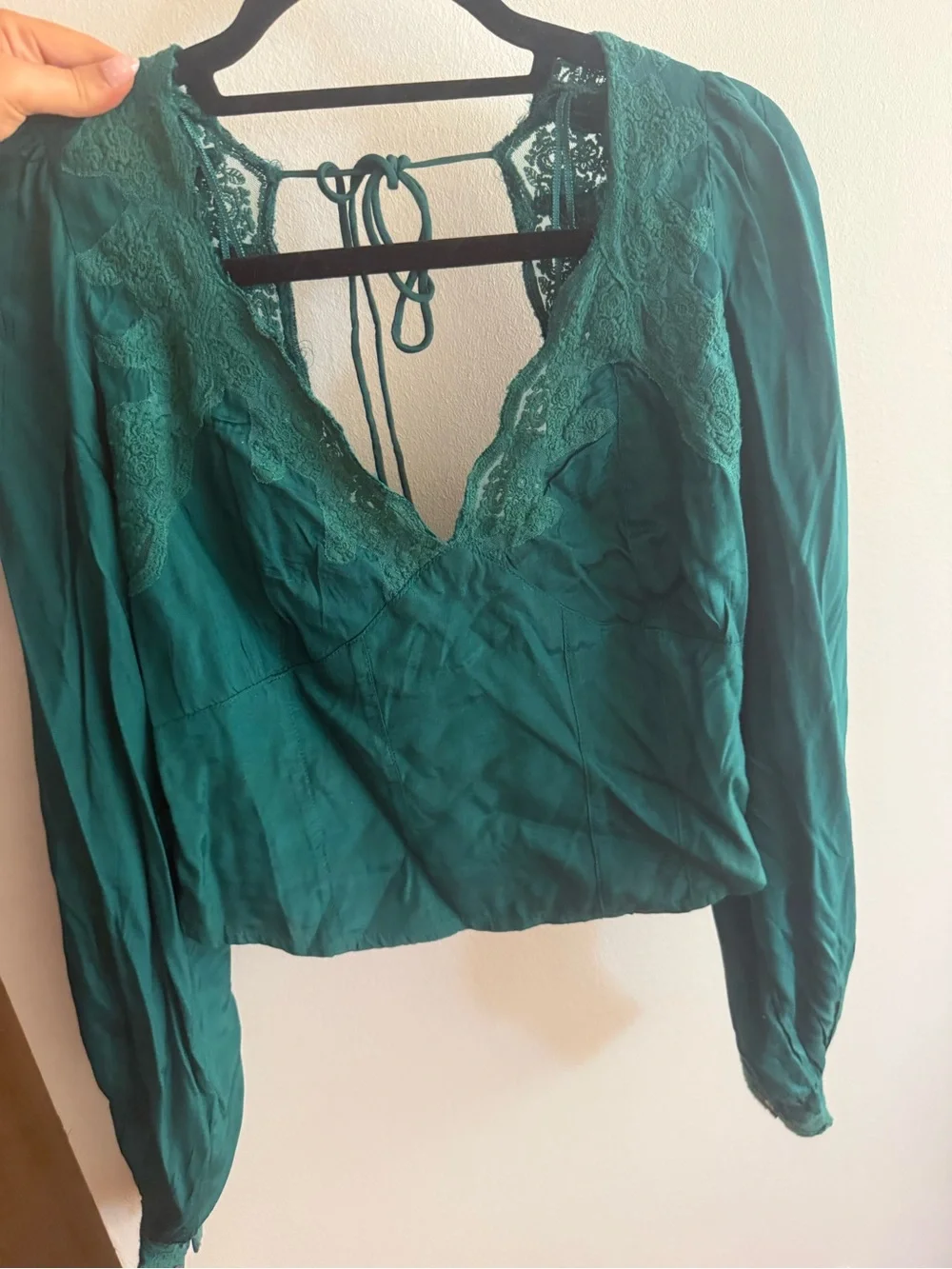 Free People Teal Lace-Trim V-Neck Blouse